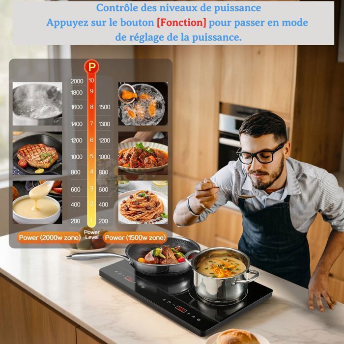 Plaque Induction 2 Feux,Table de cuisson induction,3500W, Écran Tactile, Contrôle Indépendant, 10 Niveaux,Portable