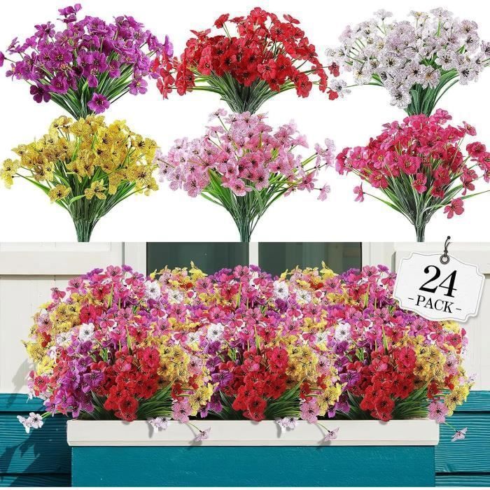 KENLUMO 24 piezas de flores artificiales de plástico, flores artificiales para exteriores, plantas verdes para decoración del hogar, jardín, oficina y balcón.