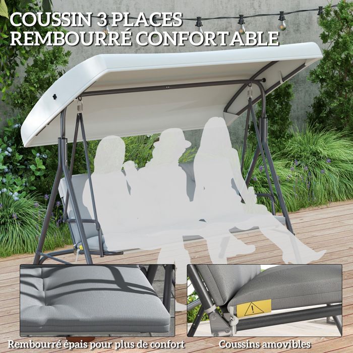 Columpio de jardín de 3 plazas - Outsunny - Toldo grueso con inclinación ajustable, cojines extraíbles - Poliéster, acero con revestimiento epoxi - Gris claro