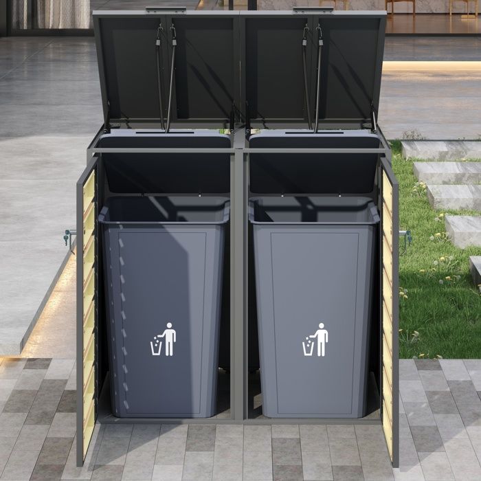 Contenitore per 2 bidoni da giardino standard - Coperchio incernierato - 2 sportelli con serratura, metallo, grigio + legno