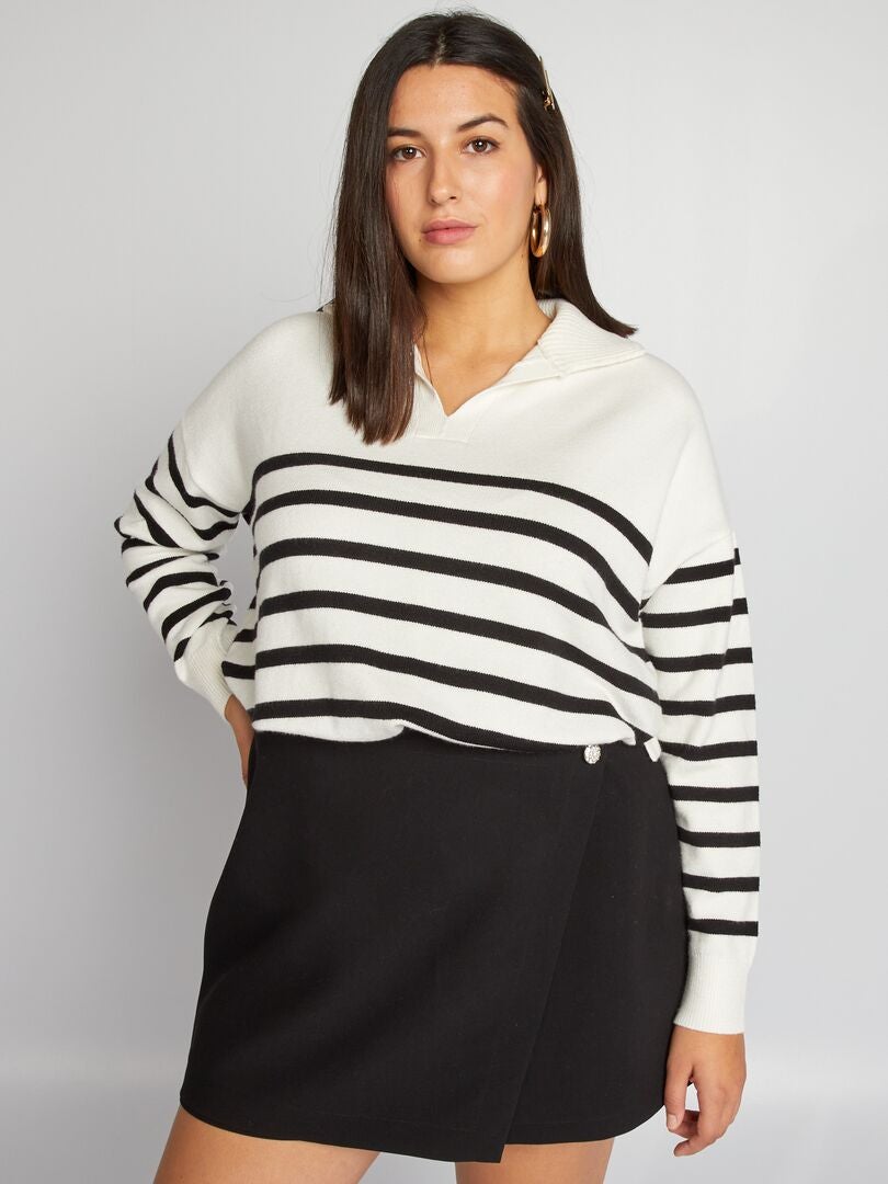 Jersey de cuello alto con cremallera y rayas - BLANCO