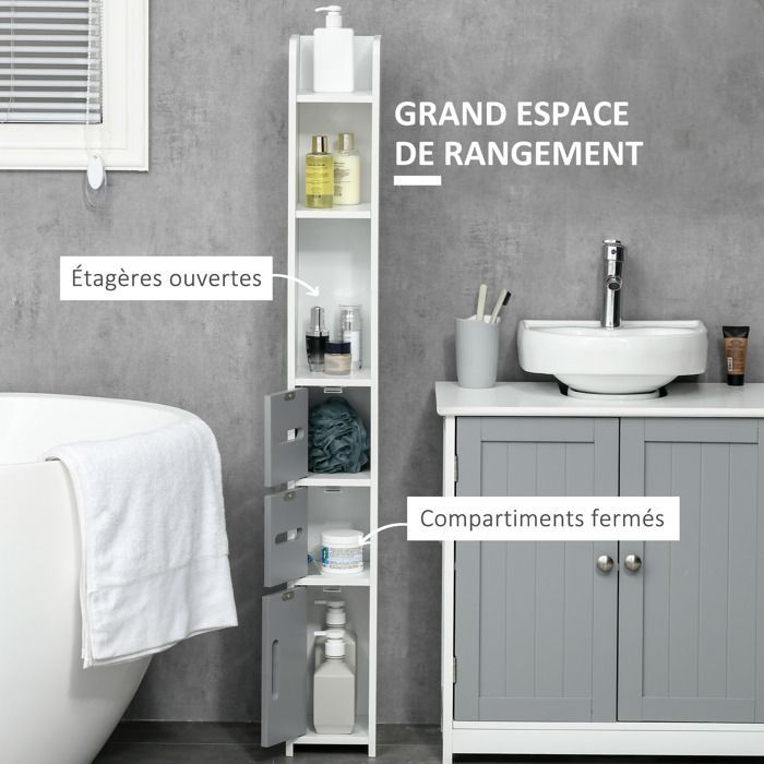 Meuble colonne de salle de bain - kleankin - bois - 15 x 17 x 120 cm - gris