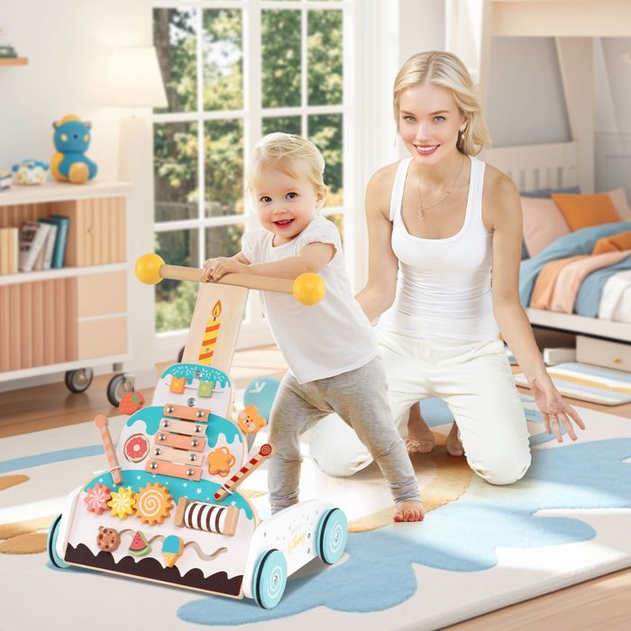 LIFEZEAL Chariot de Marche en Bois pour Bébé 12+ Mois, Trotteur Bebe avec Poignée Réglable à 3 Positions, Compartiment, 4 Roues