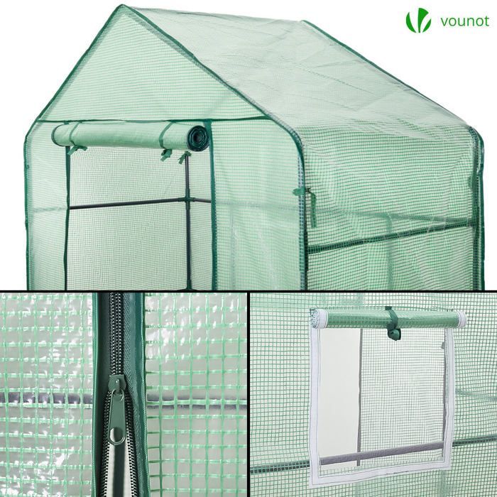 VOUNOT® Serre de jardin avec étagères 143x73x195cm vert - bâche renforcée 135g/m² - fenêtre moustiquaire - porte enroulable zippée