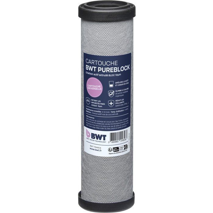 Cartouche charbon actif - BWT - PUREBLOCK 10 µm - Élimination goûts/odeurs/chlore/matières organiques - Filtration de finition