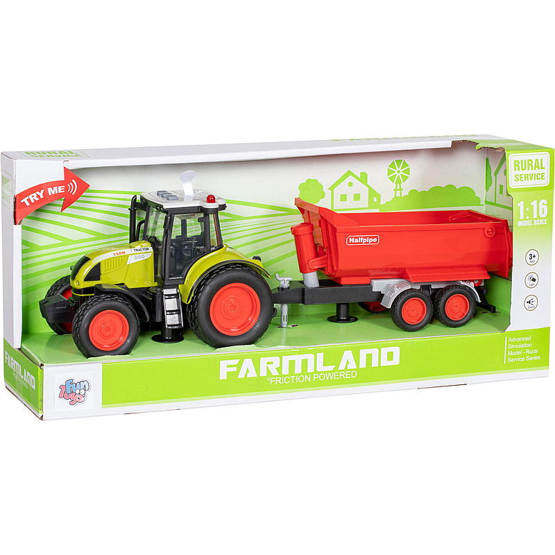 FunToys traktor storlek 1:16 med släpvagn, ljus och ljud