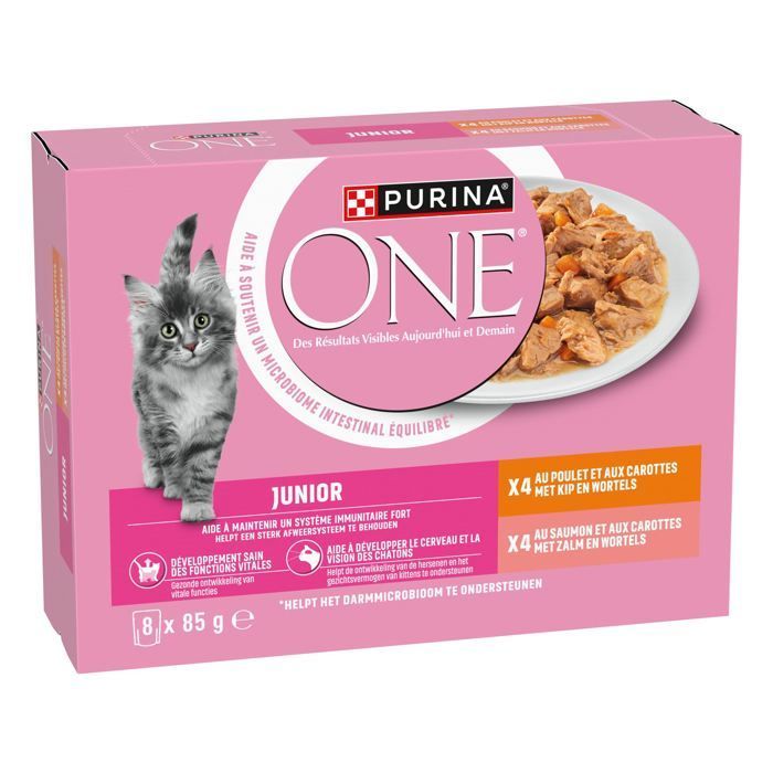 PURINA ONE Chat Junior - de 1 à 12 mois - Effilés en Sauce au Saumon ou au Poulet - 8x85g - Sachet frâcheur pour chaton (Lot de 10)