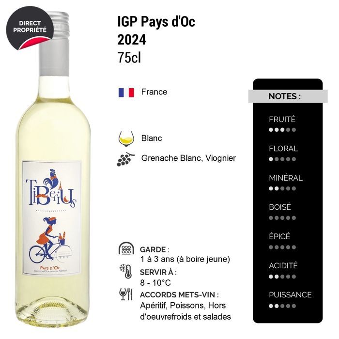 Les Vignerons du Sommiérois Pays d'Oc Tiberius 2024 - Vino bianco della Linguadoca-Rossiglione (6x75cl)