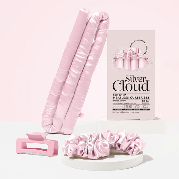 Bigudiuri fără căldură roz Silver Cloud și mască de somn contur roz