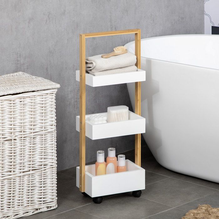Carrito de almacenamiento - HOMCOM - Carrito de servicio rodante de 3 niveles para baño o cocina - Madera de bambú - 28x18x75cm - Blanco
