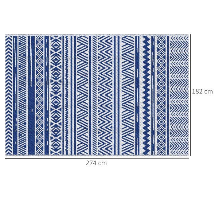 Tapis extérieur - Outsunny - style graphique réversible 2 motifs haute densité 310 g/m² décoration - PP - 2,74x1,82m - bleu blanc