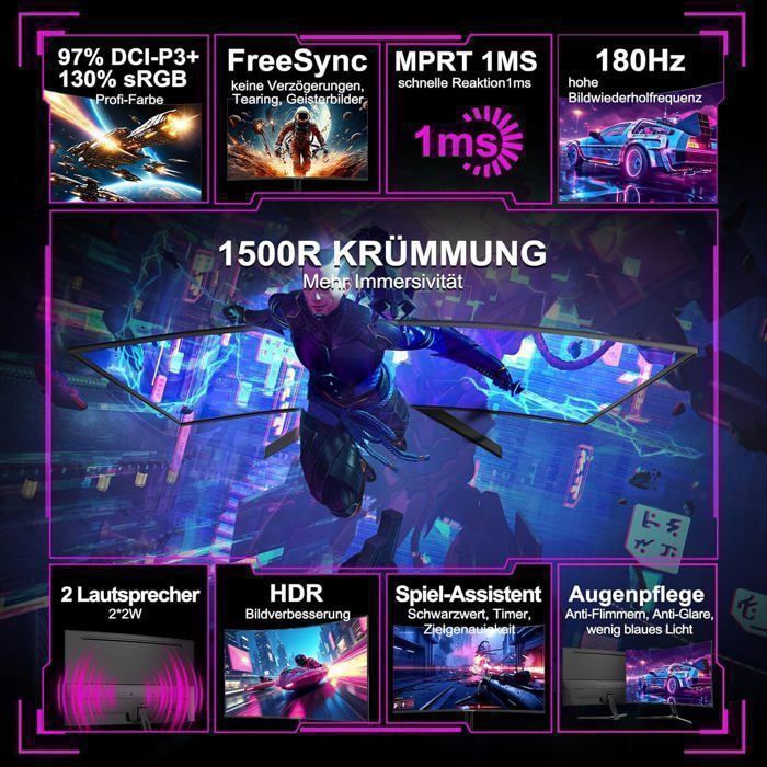 Monitor Gamer Curvo Minifire de 24 polegadas, 180Hz 1ms FHD com Alto-falante 1500R, Sincronização Adaptativa, Inclinação Ajustável, HDMI 1.4 DP 1.2