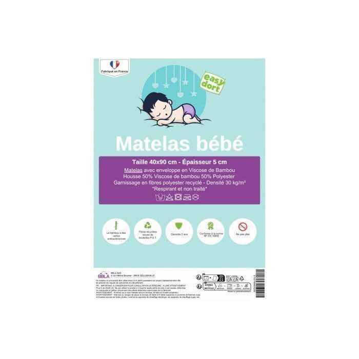 EASY DORT - Materasso per culla in bambù 40x90 cm - Densità 30 kg - Spessore 5 cm - Prodotto in Francia