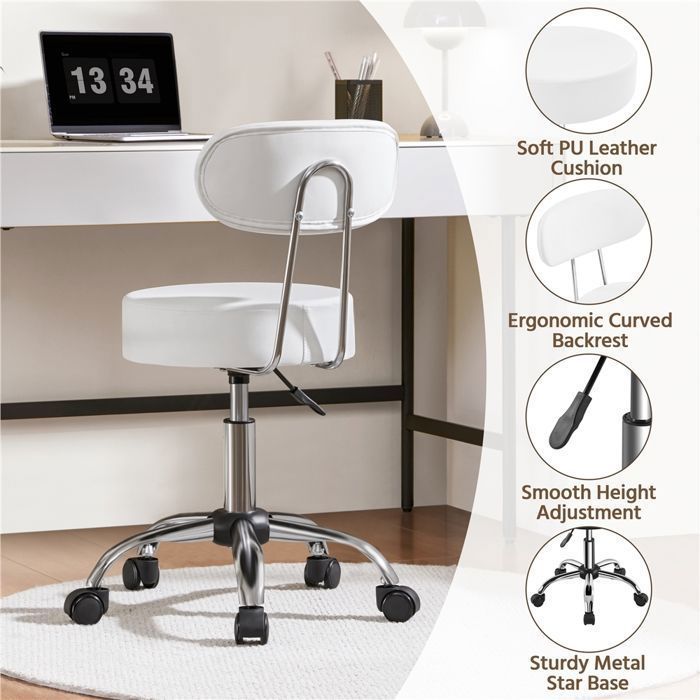 Yaheetech Tabouret Rond à Roulettes Hauteur Réglable 75,5 -85 cm Assise Rembourrée Revêtement en Similicuir, Blanc