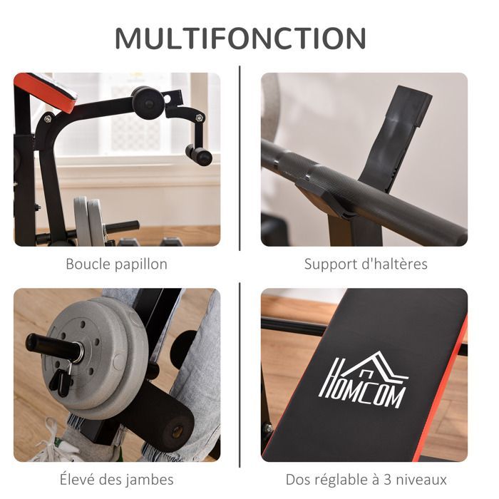 Banc de musculation - HOMCOM - avec support d'haltères - dossier réglable - acier - 175 x 139 x 127 cm - noir et rouge