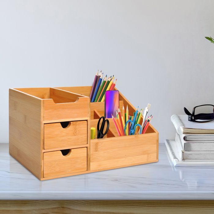 Desk organizer - HOMCOM - 7-compartment storage box with 2 drawers - bamboo - natural