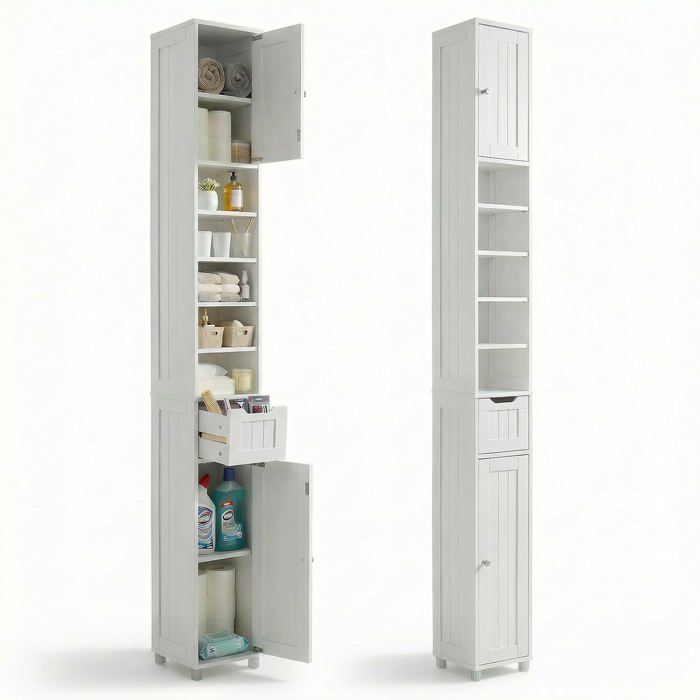 VOUNOT® Bathroom Column 20x20x180cm - Storage unit with adjustable shelves, drawer and cabinet doors - MDF - White