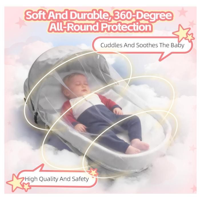 Cuna de viaje portátil para bebé – Moisés plegable convertible con mosquitera – Montaje y transporte en 1 minuto (Gris claro)