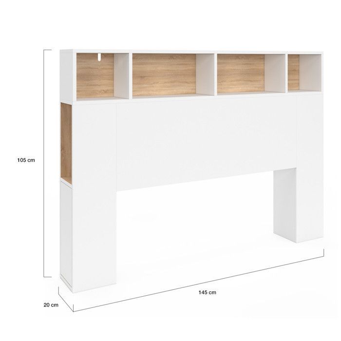 IDMARKET Tête de lit sur pied CLEO 145 cm avec rangements fermés et niches blanc et façon hêtre