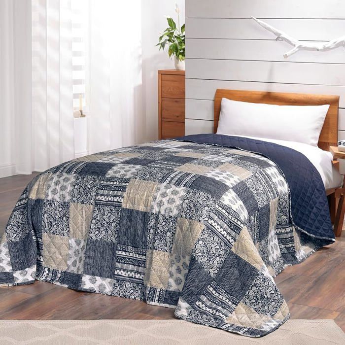 Colcha de retazos azul claro con diseño vintage - Manta para cama individual - Estilo patchwork - 140 x 210 cm # MANTA DE CAMA