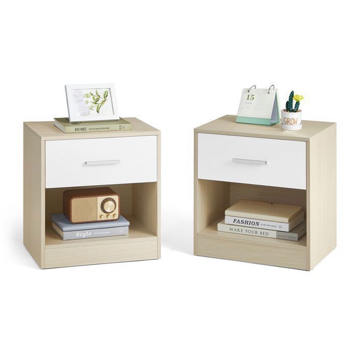 VASAGLE Table de Nuit, Lot de 2, Table d’Appoint, avec Tiroir, Poignée, Compartiment Ouvert, Table Basse, Beige Naturel et Blanc