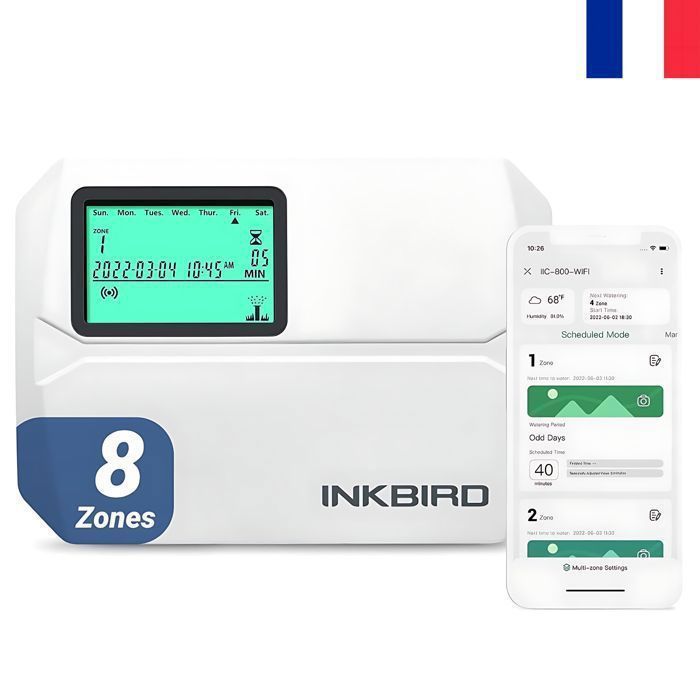 Temporizador de riego INKBIRD IIC-800-WIFI de 8 vías, sistema de riego con monitoreo remoto, ajuste estacional y cubierta.