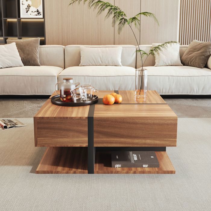 Square coffee table with 4 storage drawers, modern design, living room furniture, 78x78x36cm, natural wood