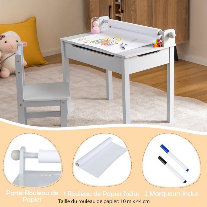 COSTWAY Bureau pour Enfants avec Chaise, Rouleau de Papier, Plateau Rabattable (Rangement Caché)en Bois pour 3+ Ans, Gris
