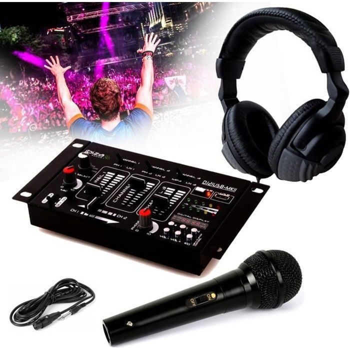 DJ Headphones + DJ21-USB-MKII IBIZA Sound Mixer + Dynamic Microphone Black