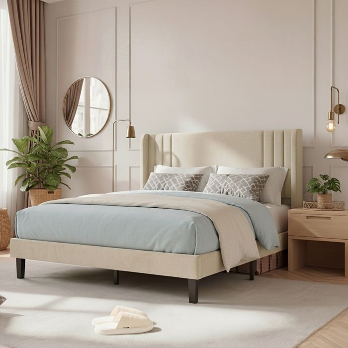 Bett 140x190 cm, NMONET, Lattenrost, Leinenbezug, Doppelbettgestell 140x190, Erwachsenenbett 140x190, beige