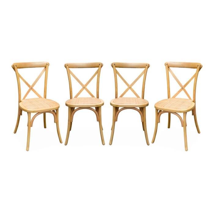 Set of 4 vintage bistro chairs in natural cedar wood. Rattan seat. Stackable.