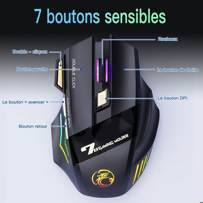 BRILLSTEN Uppladdningsbar Trådlös Gamingmus med 7 RGB-knappar och 3 DPI-inställningar (1200/2400/3200), Kompatibel med PC/Mac