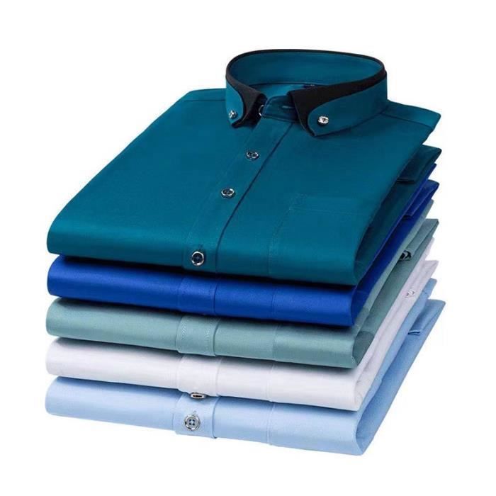 Camisa de negocios elástica de manga larga con botones y bolsillo para hombre