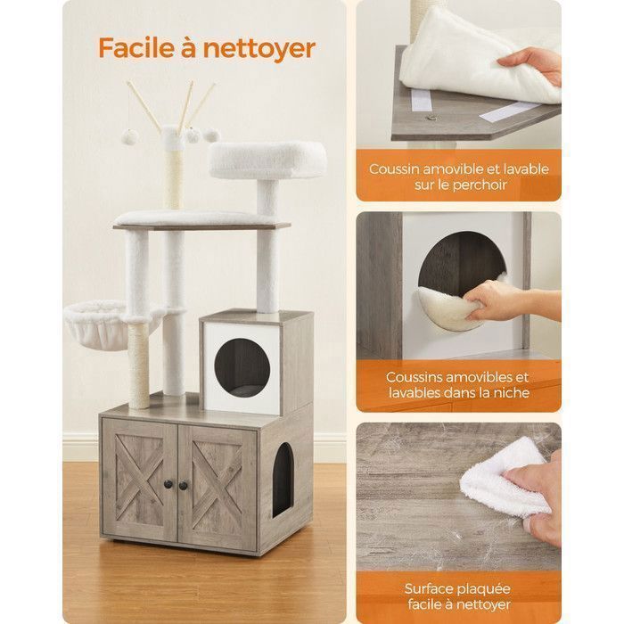 Feandrea Arbre à Chat avec Maison de Toilettes, Griffoir Moderne 2-en-1, Cache-litière, Bâtons avec Pompons Amovibles, Grège