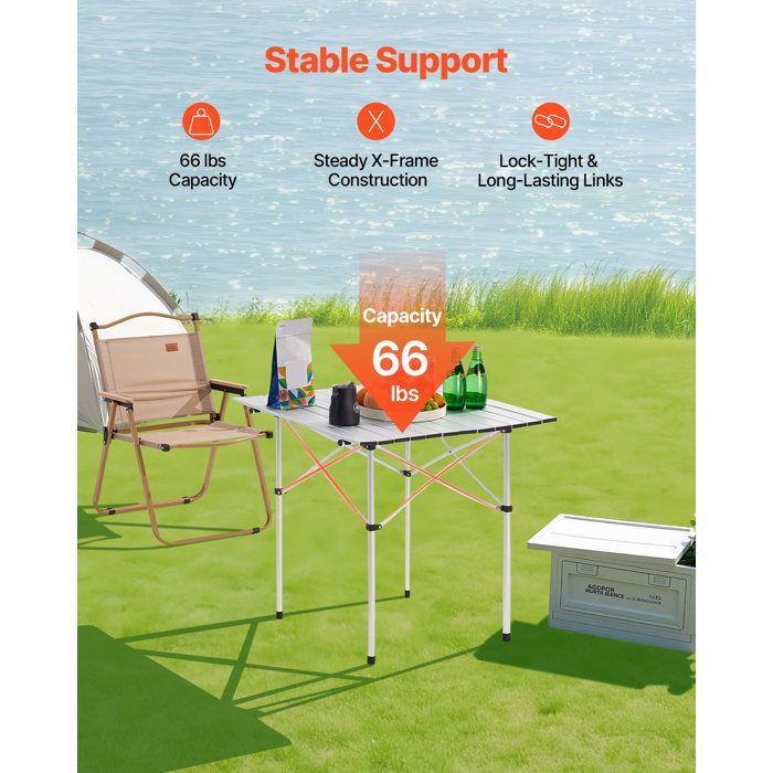 Mesa de camping plegable y enrollable VEVOR de 70x70 cm con bolsa de transporte - Mesa auxiliar portátil - Aluminio - Plata