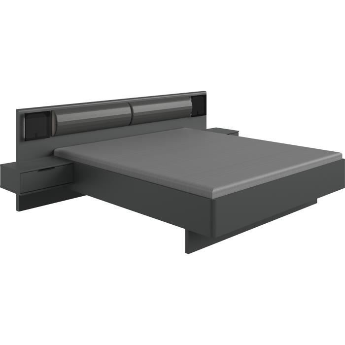 Letto matrimoniale king size (180 x 200 cm) + 2 comodini + 2 cassetti, grigio grafite - Lunghezza 289 x Profondità 210 x Altezza 92 cm
