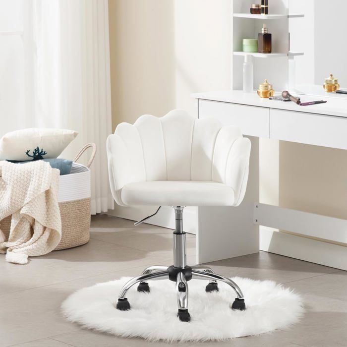Silla de oficina giratoria WOLTU de terciopelo, silla de vestir con respaldo de pétalos, altura ajustable, blanco crema W0ATT0397