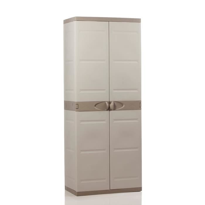 TITANIUM PLASTIKEN 2-door wardrobe with shelves and hanging rail, W70 x D44 x H176 cm, Beige and Taupe, TITANIUM range, Indoor/Outdoor