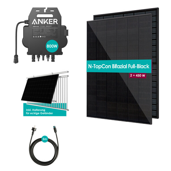 Oboustranná balkonová elektrárna 900W / 800W včetně nástěnného držáku pro zábradlí, hranatá