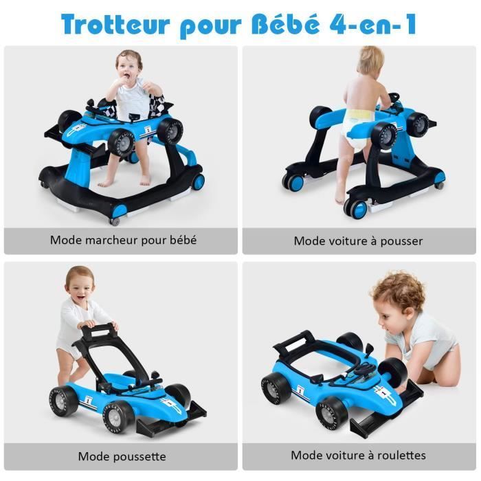 DREAMADE 3-in-1 converteerbare loopstoel voor baby's, opvouwbaar met verstelbare hoogte, muziek en lichtjes, autovorm, voor 6-18 maanden, blauw