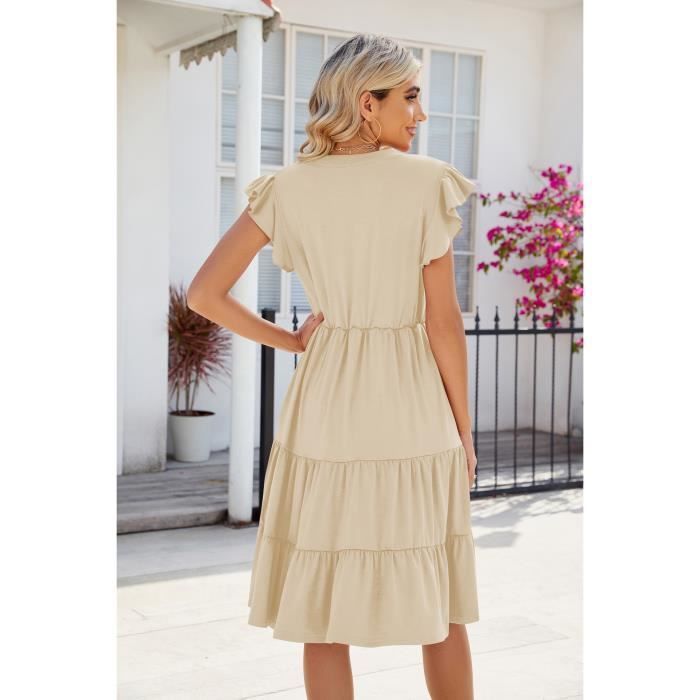Abito estivo da donna di media lunghezza con scollo a V, maniche corte a volant, dettaglio a pieghe e tasche - Elegante tinta unita - Taglia europea - Beige