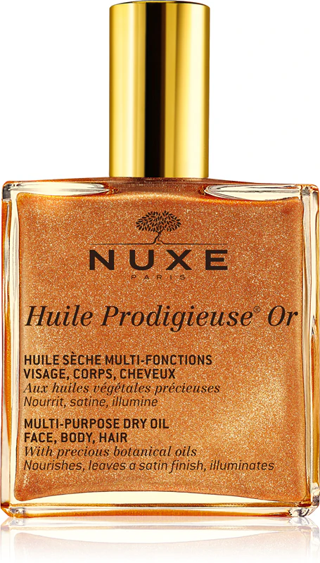 Nuxe Huile Prodigieuse, een multifunctionele droge olie met glitter voor gezicht, lichaam en haar.