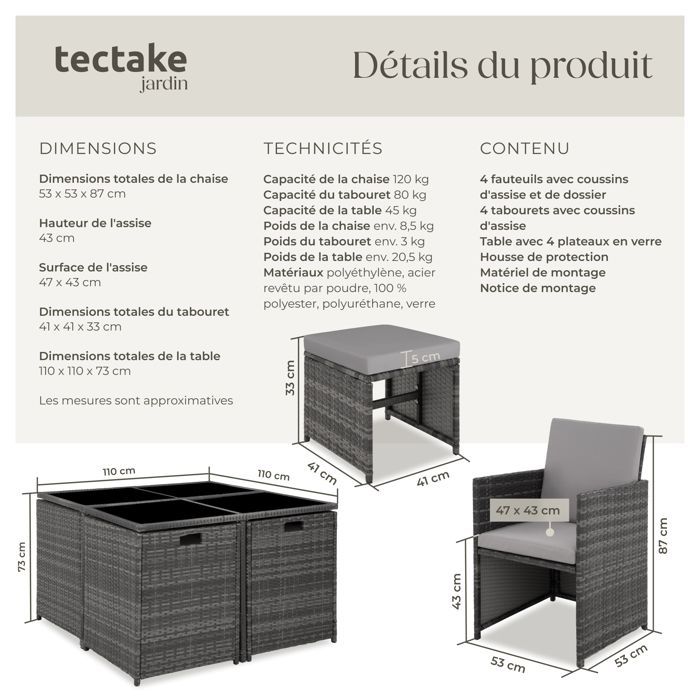 Mobili da giardino - TECTAKE - Set da pranzo per esterni BILABO per 8 persone, resistente e pieghevole, realizzato in resina intrecciata - Grigio