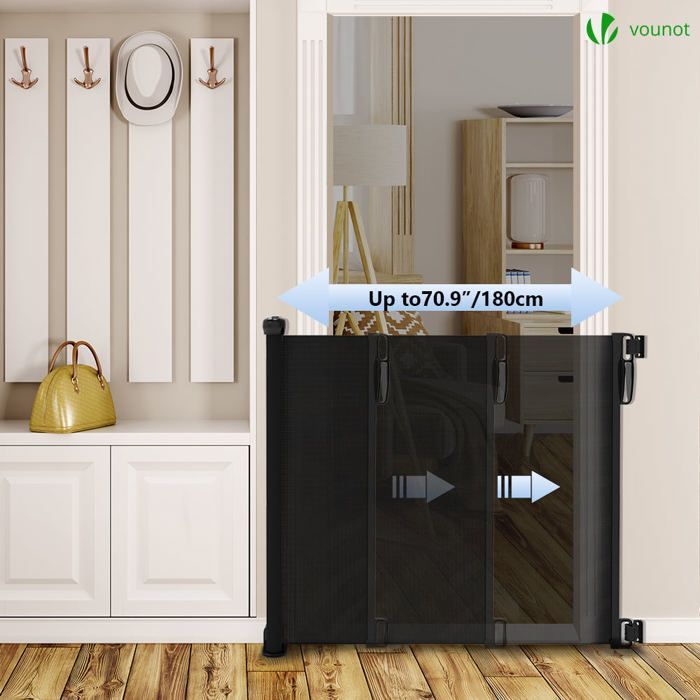 Barrera de seguridad retráctil VOUNOT® de 180 cm, negra - Doble cierre con una sola mano - Para bebés, niños y perros