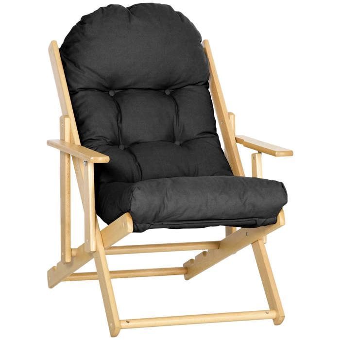 Fauteuil relax - HOMCOM - pliable et inclinable - coussin capitonné épais - bois d'hévéa - 71x89x96cm - noir