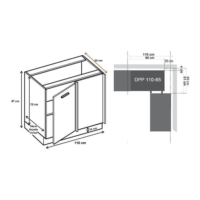 Meuble d'angle bas Bellissi Blanc Brillant 1 porte L 110 cm - Cuisineandcie