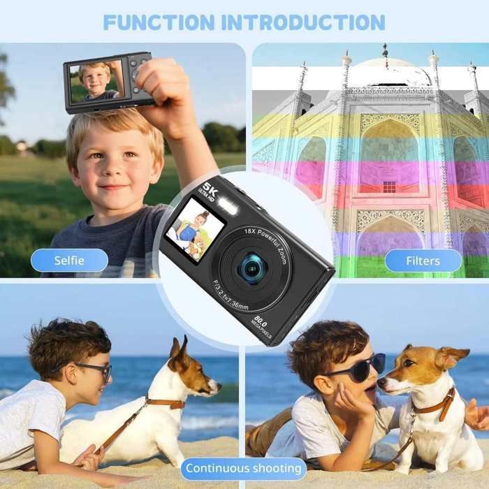 Cámara digital 5K Ultra HD de 80 MP - Pantalla dual para selfies - Zoom 18x - Wi-Fi integrado - Tarjeta de 64 GB incluida - Mini videocámara negra