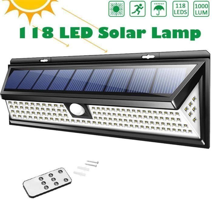 Luz solar exterior Juce de 118 LED, resistente al agua, con sensor de movimiento y control remoto. Foco solar.