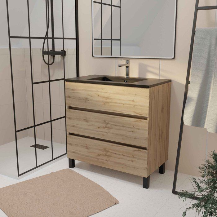 Mueble de baño de 80 cm con 3 cajones en roble natural + lavabo de cerámica negra - MADERA