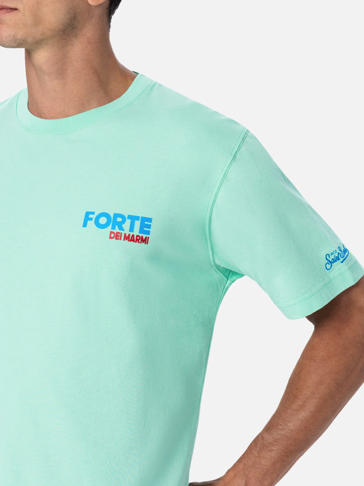 Heren katoenen T-shirt met print van een ansichtkaart van Forte dei Marmi